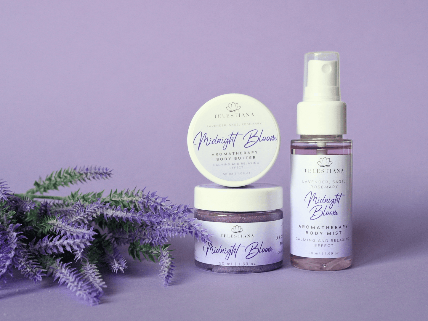 lavender relaxing aromatherapy emulsified body scrub, whipped body butter, and hydrating body mist bundle