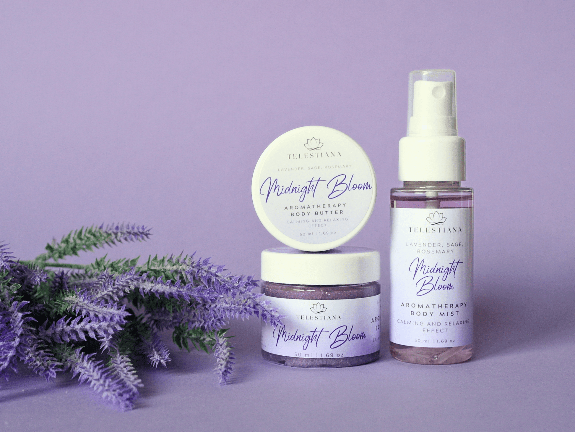 lavender relaxing aromatherapy emulsified body scrub, whipped body butter, and hydrating body mist bundle