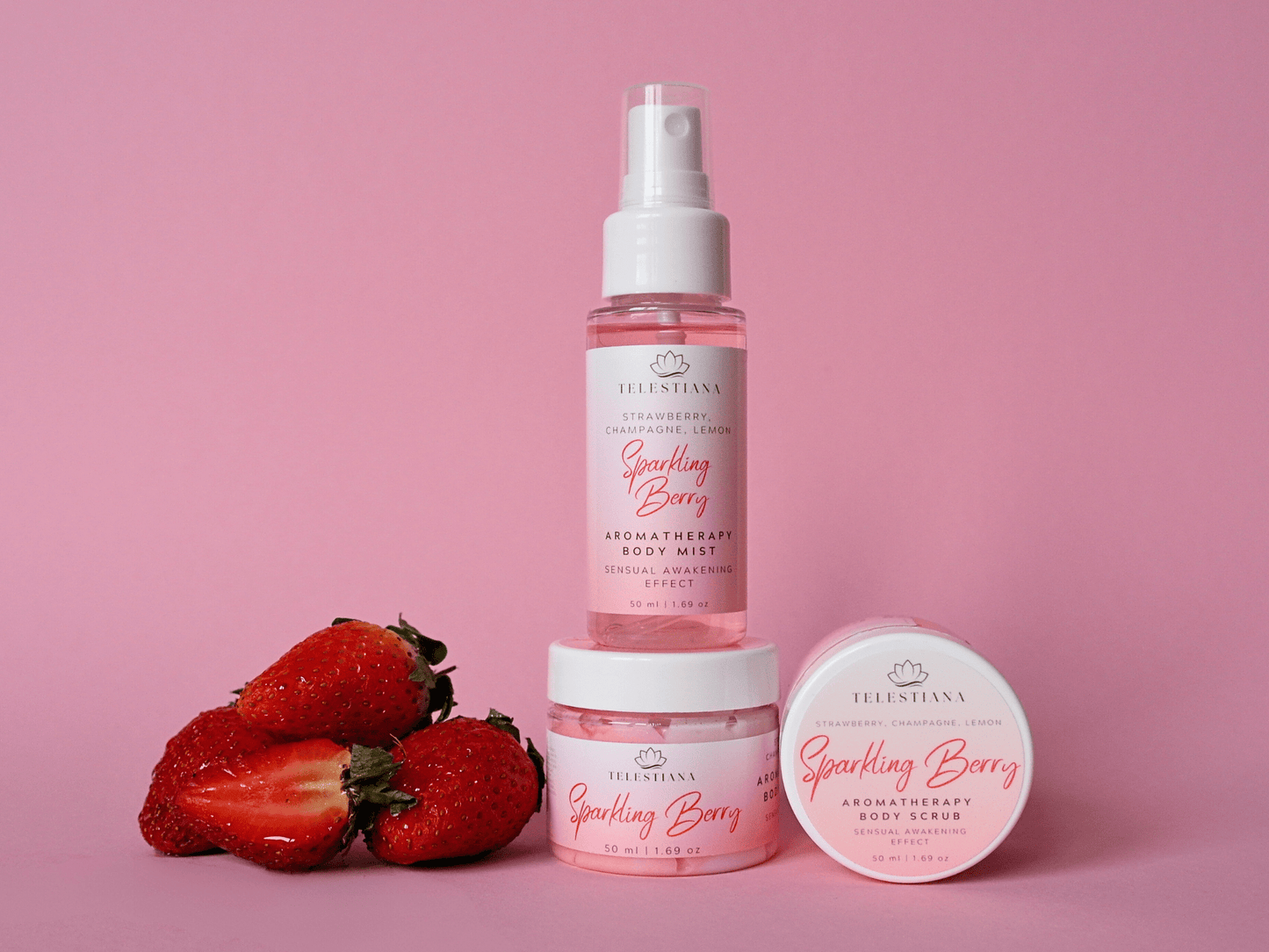 strawberry sensual awakening aromatherapy emulsified body scrub, whipped body butter, and hydrating body mist bundle